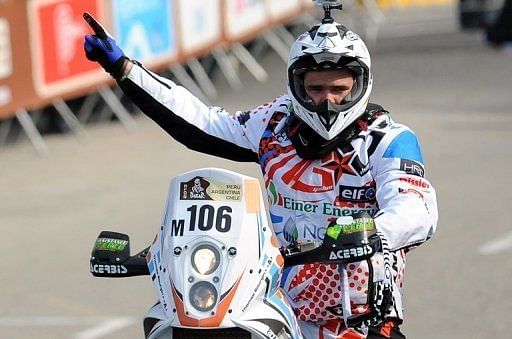 France's Thomas Bourgin on KTM is pictured during the 2013 Dakar Rally departure ceremony in Lima on January 5, 2013